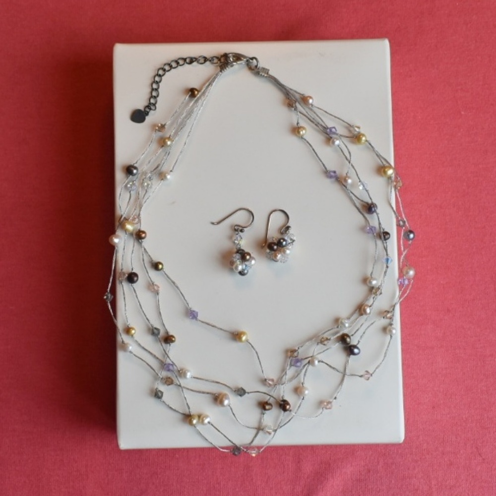 Pearl & Gems Necklace Earrings Set